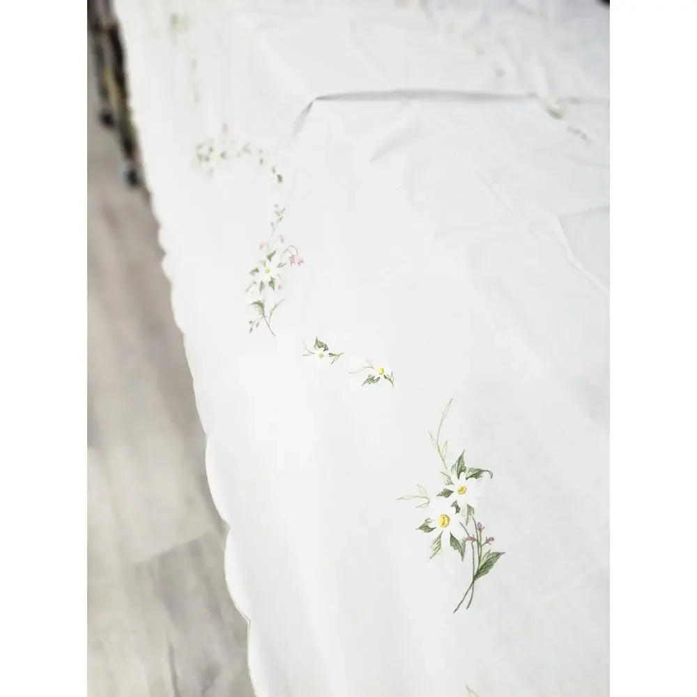 Vintage Rectangular Embroidered Floral Fabric Tablecloth Light Stain 79